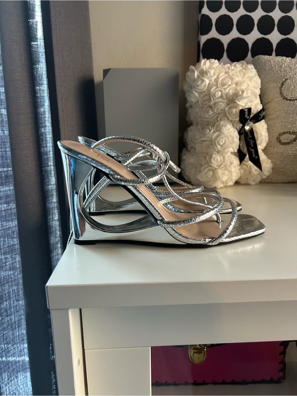 Metallic Silver Strappy Mule Heels - Women